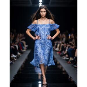 Blue Floral Burnout Velvet Off-Shoulder Dress Small coquette regency